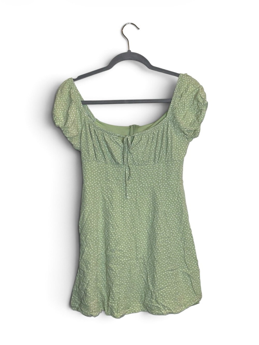 La Hearts Sage Green Polka Dot Puff Sleeve Mini Dress